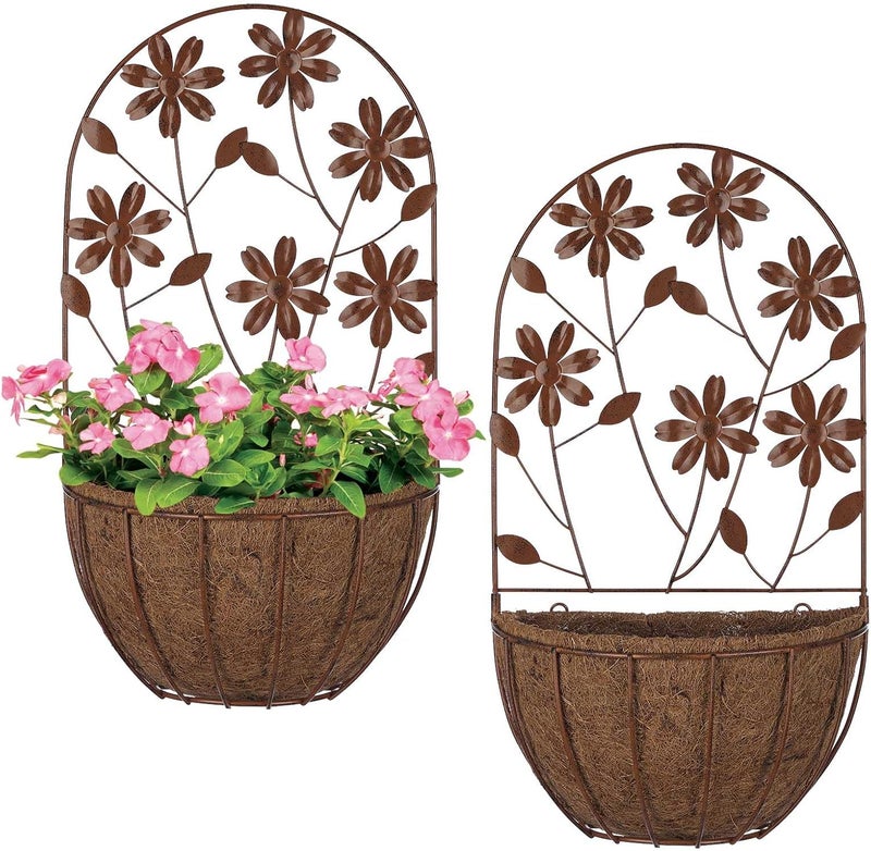 BAYN 2PKs Wall Hanging Planter Decor Art with Flower, Metal Wall Mounted Planters Indoor Outdoor Wall Planter for Succulent Herb Home Garden Yard - Image 1